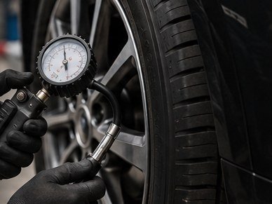 A pressure gauge held against a tyre valve