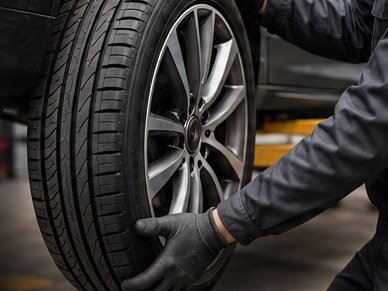 A technician lifting a wheel off, hands on the tyre and alloy